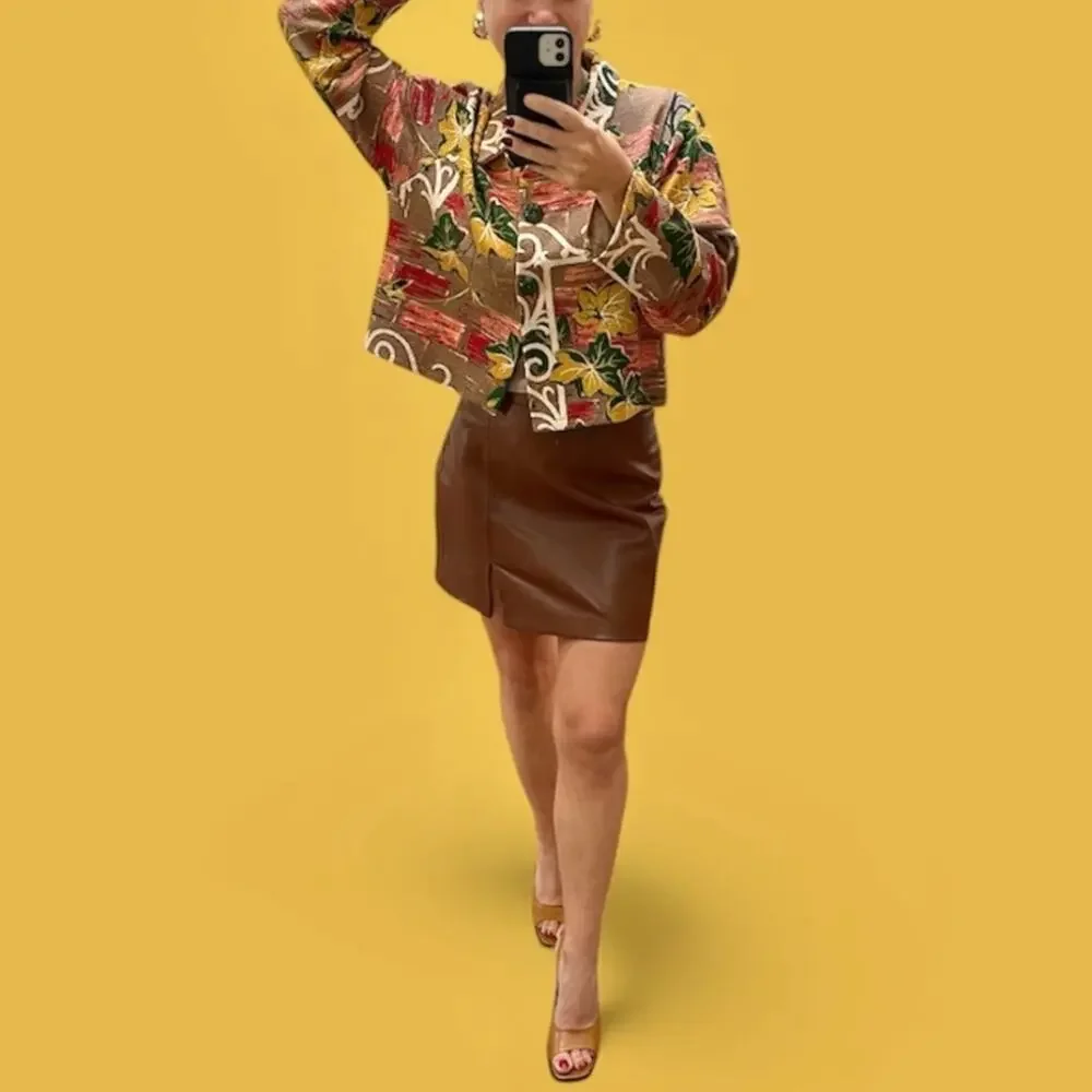 Vintage 60's 70's Unique Cropped Brown Floral Tapestry Jacket, Women's Small - Picture 9 of 9